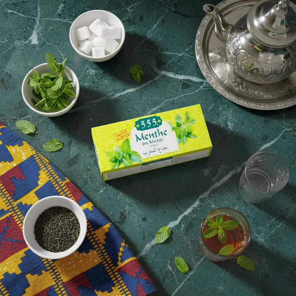 Thé menthe sèche NANA 555 présenté sur une table avec théière, sucre, feuilles de menthe et thé en vrac, ambiance marocaine authentique.